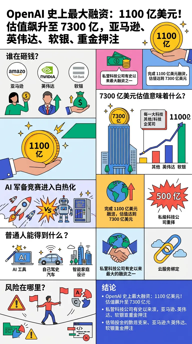 OpenAI 史上最大融资：1100 亿美元！估值飙升至 7300 亿，亚马逊、英伟达、软银重金押注